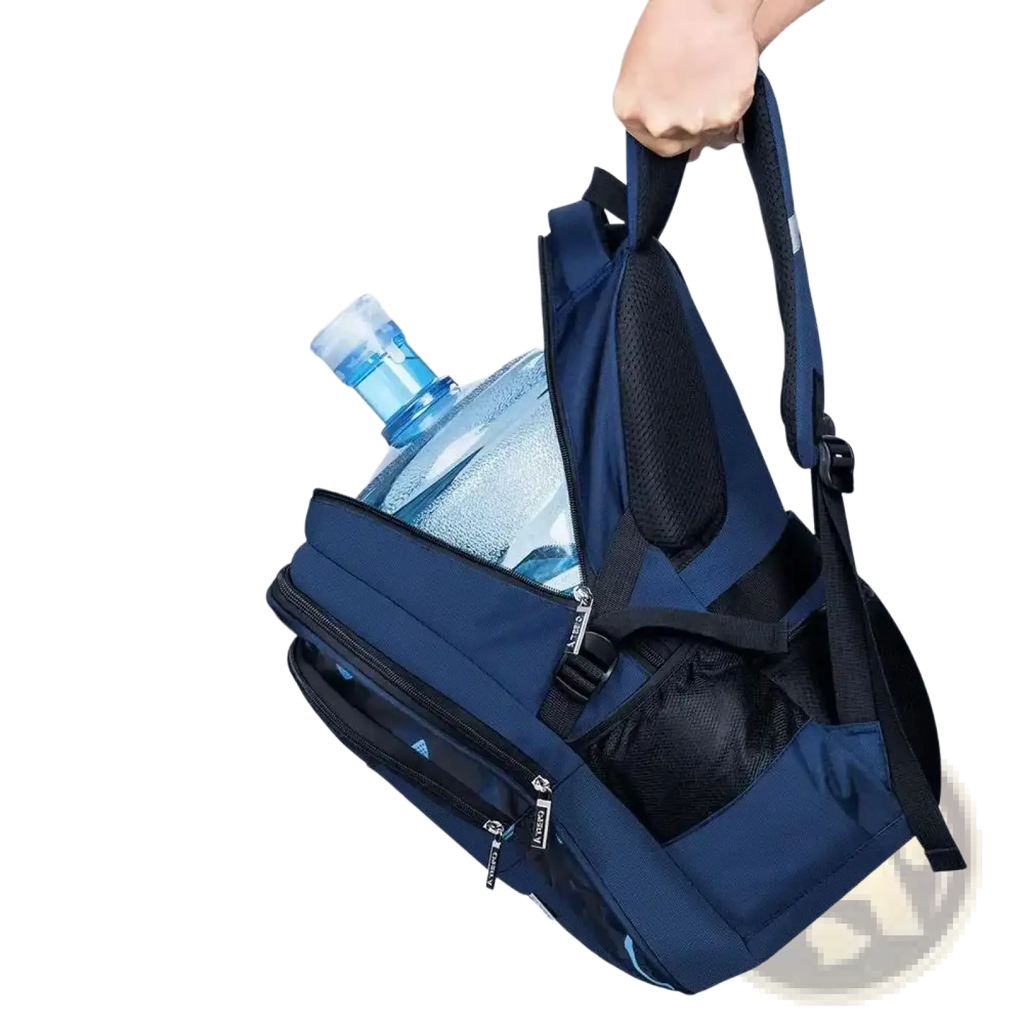 Dark blue and black nylon boys waterproof school backpack with reinforced straps designed for heavy-duty use