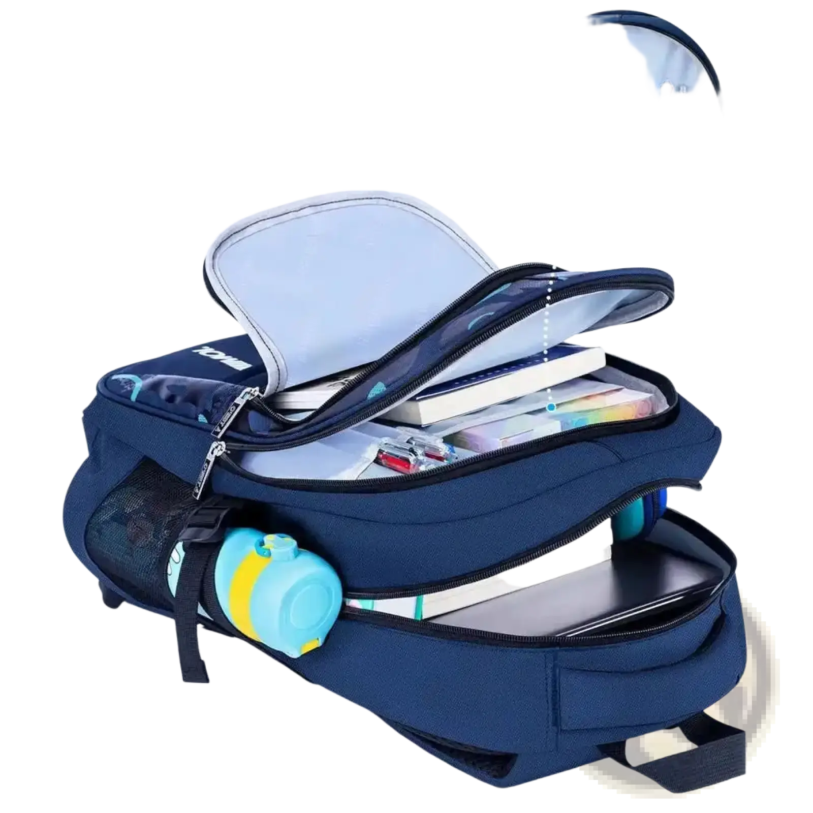 Navy blue waterproof boys school backpack with mesh side pockets and transparent front pocket containing stationery