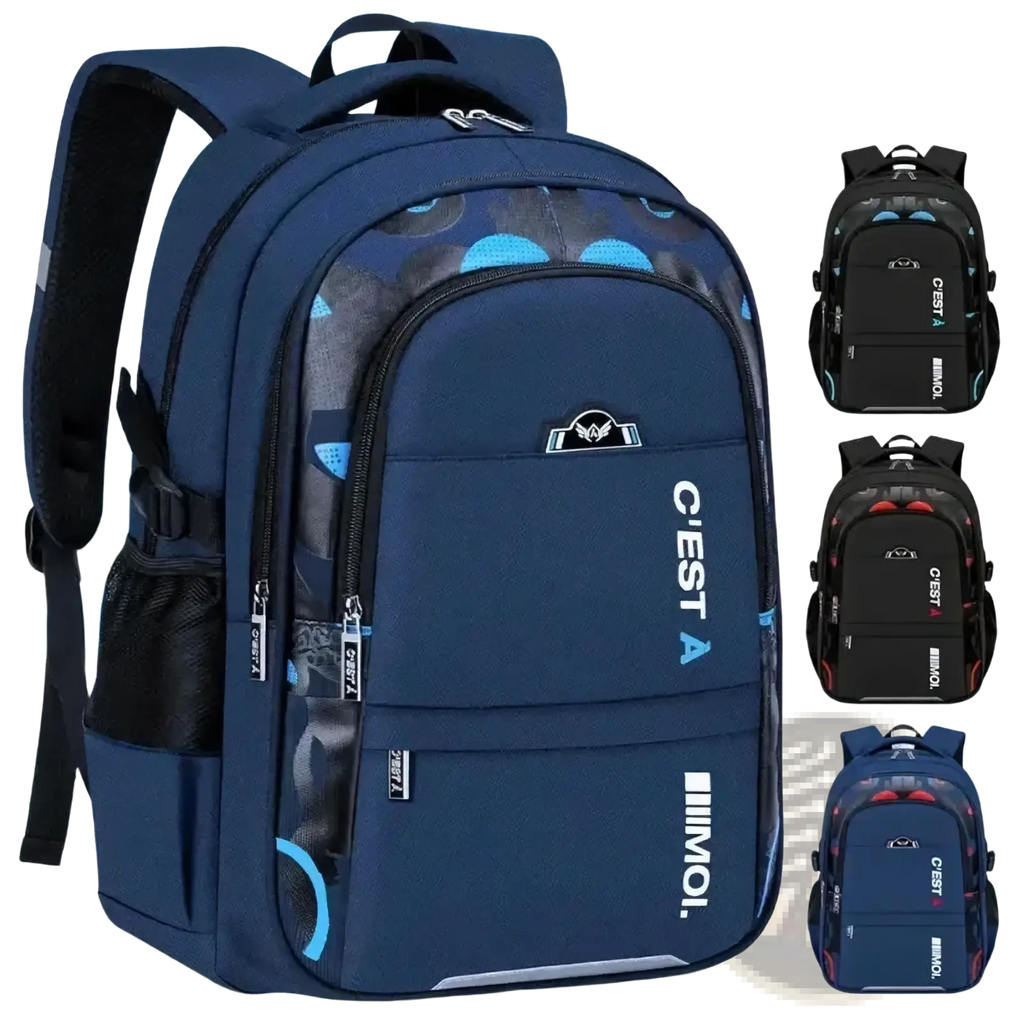 Boys waterproof school backpack in navy blue with light blue circular patterns and black accents featuring multiple zippers
