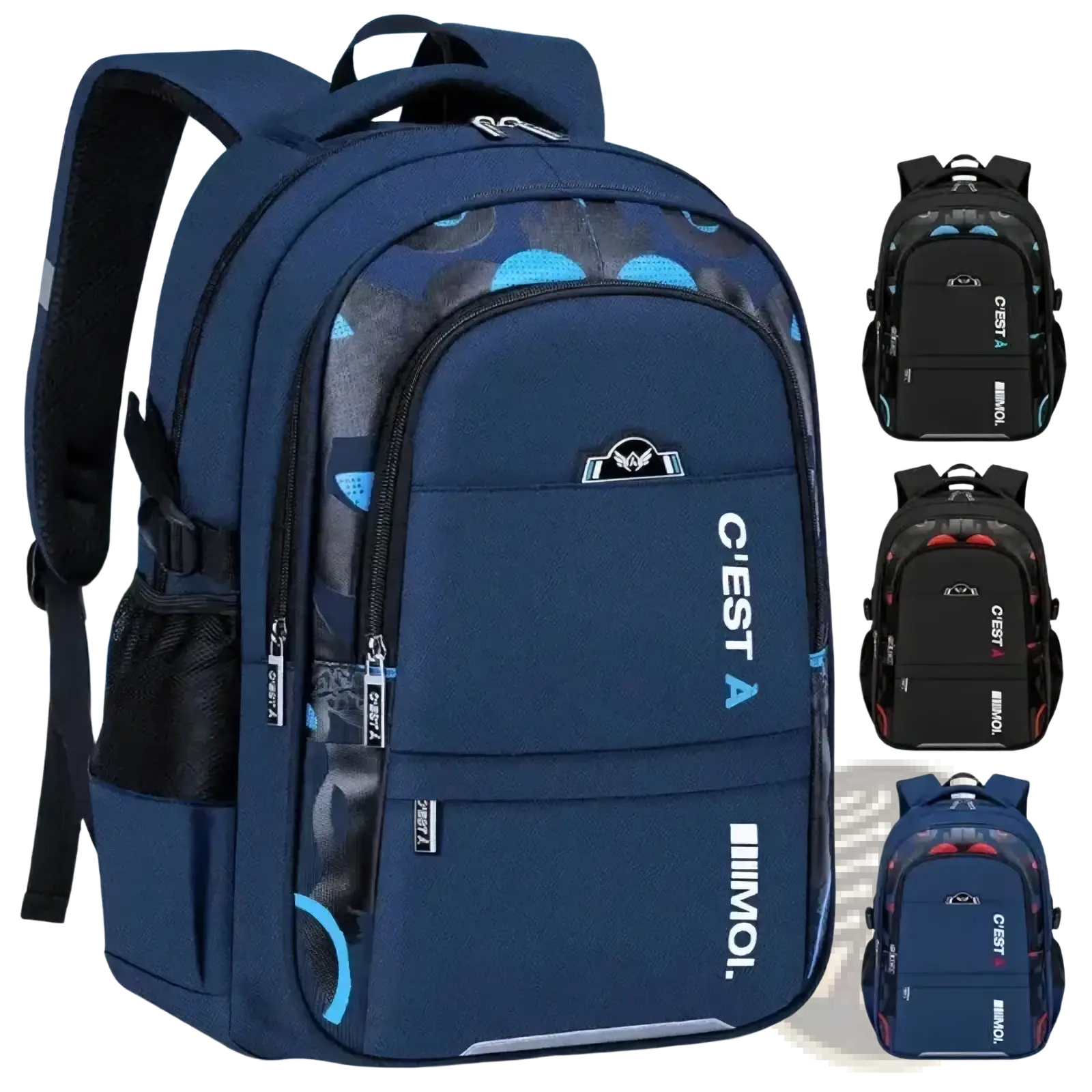 Boys waterproof school backpack in navy blue with light blue circular patterns and black accents featuring multiple zippers