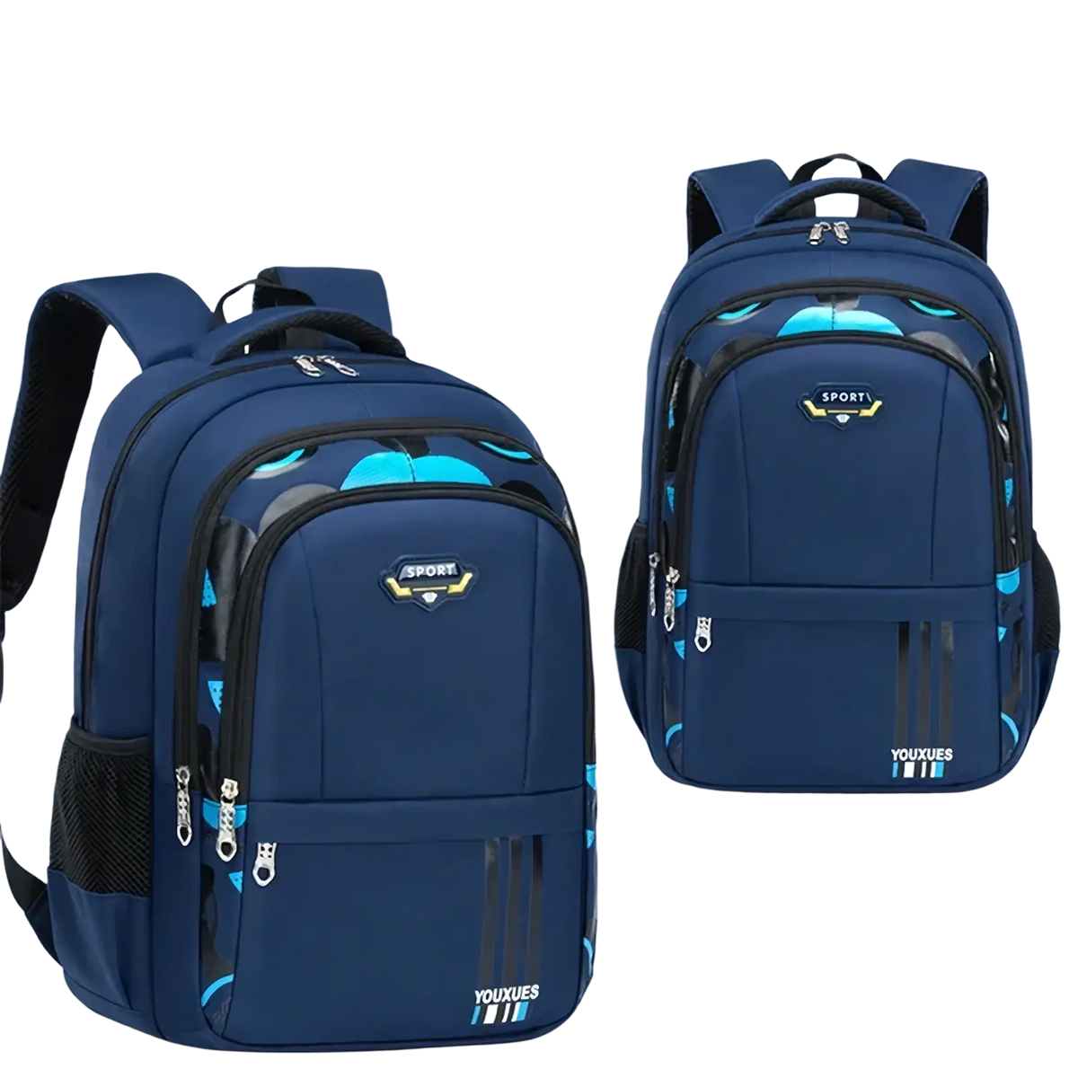 Boys waterproof school backpack in navy blue and teal pattern with black accents and silver zippers