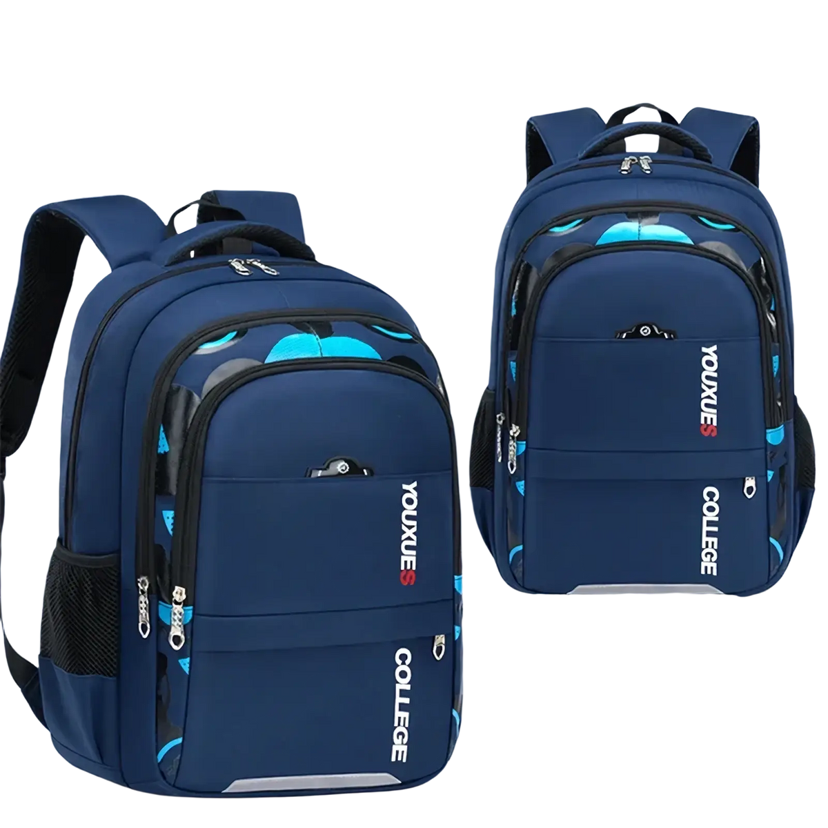 Boys waterproof school backpack in navy blue with teal pattern black zippers and mesh side pockets by youxues