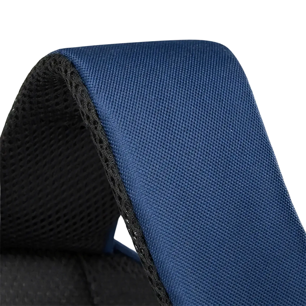 Blue woven fabric strap with black mesh lining on the back side of boys waterproof navy blue school backpack