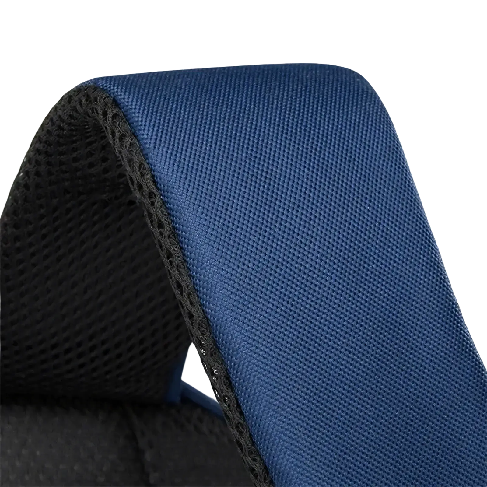 Blue woven fabric strap with black mesh lining on the back side of boys waterproof navy blue school backpack