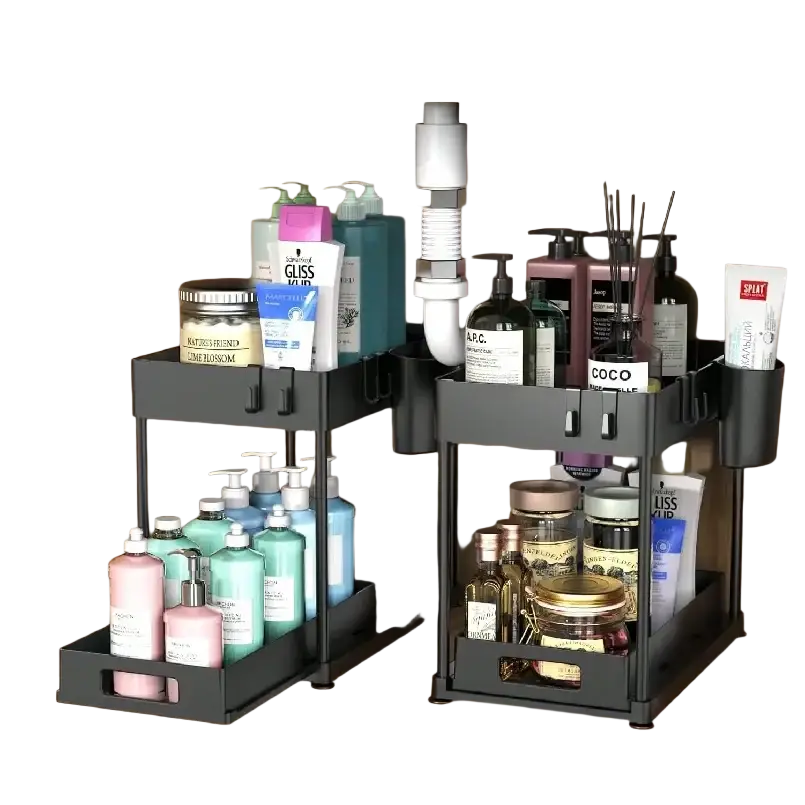 Black two-tier rotating under sink organizer made of bpa-free plastic with side compartments and hooks
