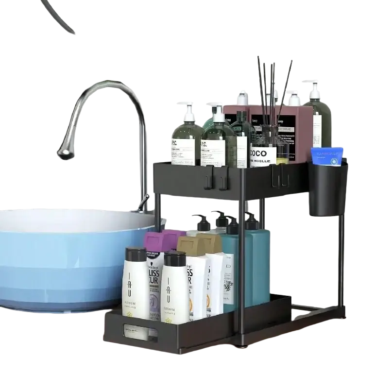 Black two-tier bpa-free plastic under sink organizer with pull-out drawer and side cup holder for bathroom use