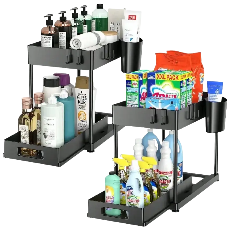 Black two-tier sliding kitchen organizer with side cup holders and bpa-free plastic drawers for under sink storage