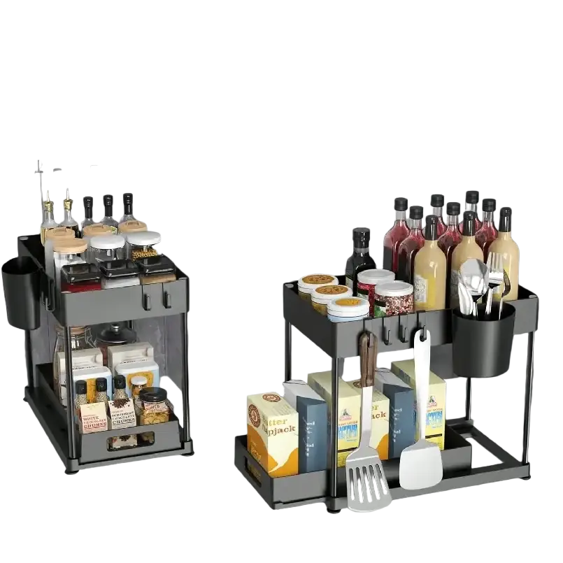 Black two-tiered bpa-free plastic under sink organizer with hooks and cup holders for kitchen storage