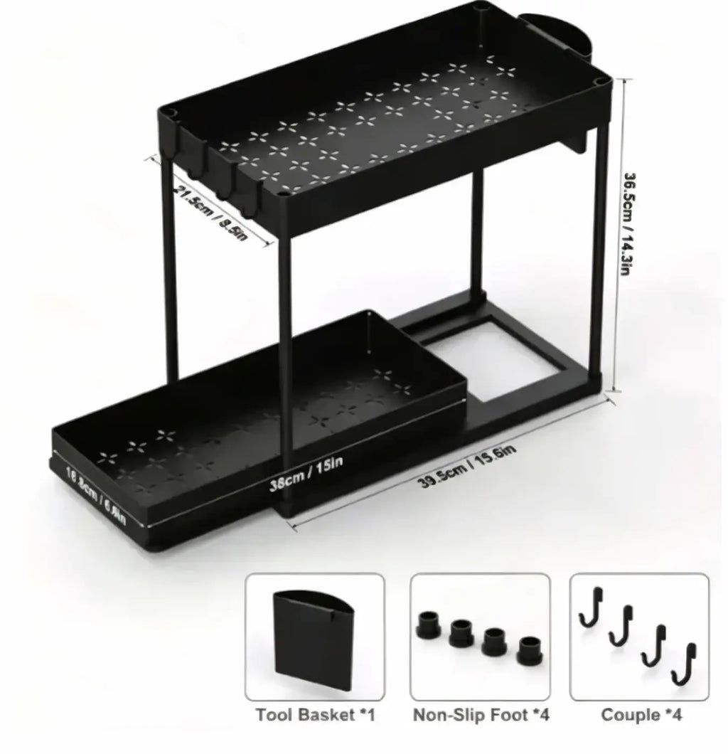 Black two-tiered metal under sink organizer with bpa-free plastic tool basket hooks and non-slip feet
