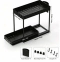 Black two-tiered metal under sink organizer with bpa-free plastic tool basket hooks and non-slip feet