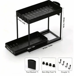 Black two-tiered metal under sink organizer with bpa-free plastic tool basket hooks and non-slip feet
