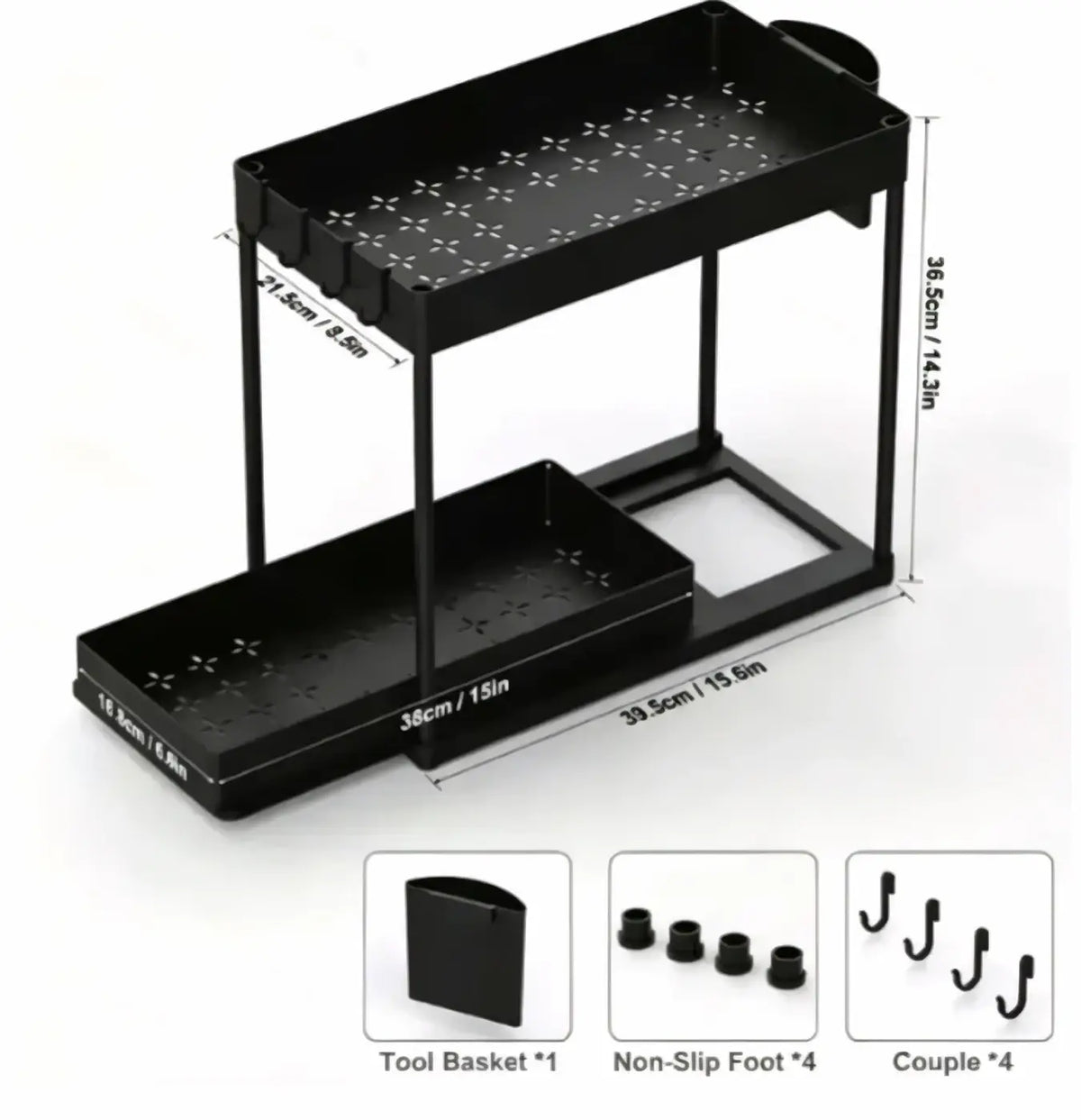 Black two-tiered metal under sink organizer with bpa-free plastic tool basket hooks and non-slip feet