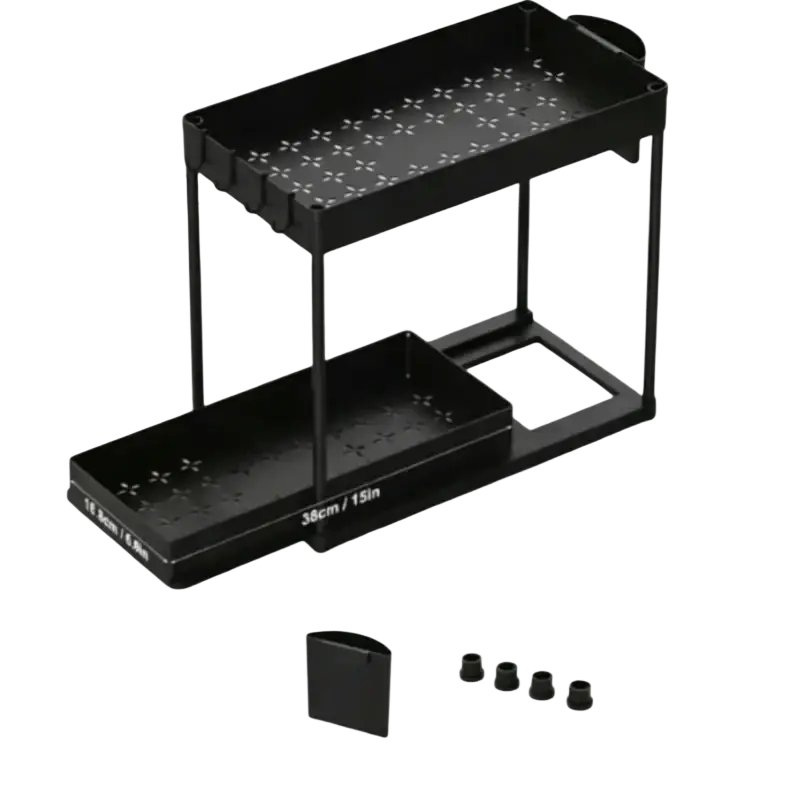 Black two-tiered metal under sink organizer with bpa-free plastic tool basket hooks and non-slip feet