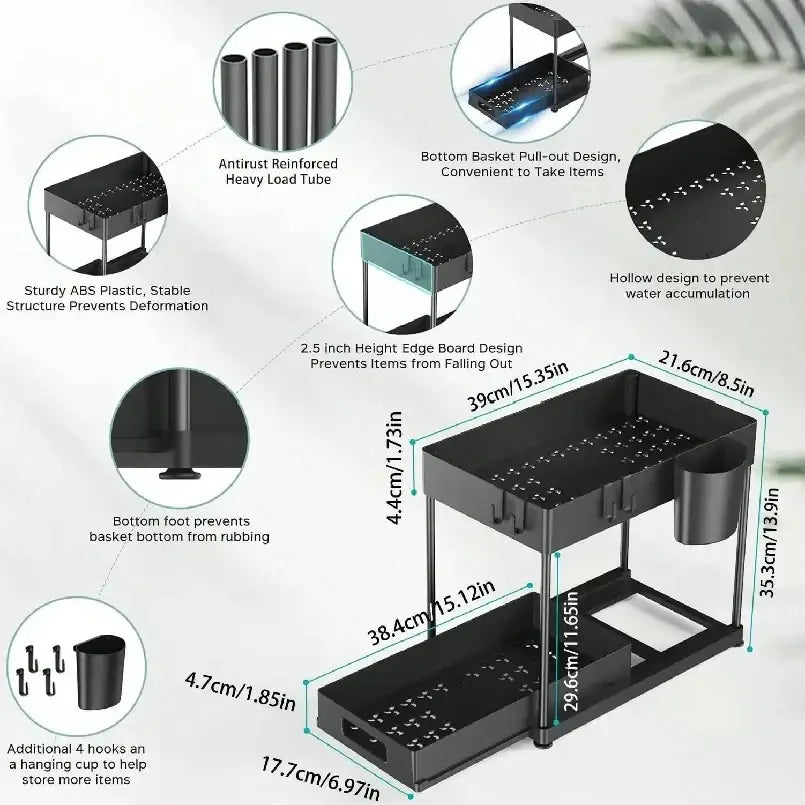 Black two-tiered bpa-free plastic under sink organizer with sturdy abs construction and pull-out bottom basket