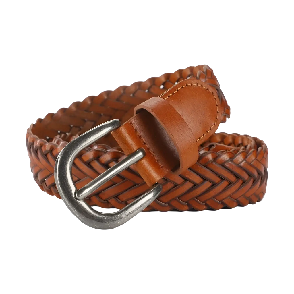 Braided brown leather belt with silver-toned buckle unisex casual woven accessory for everyday use