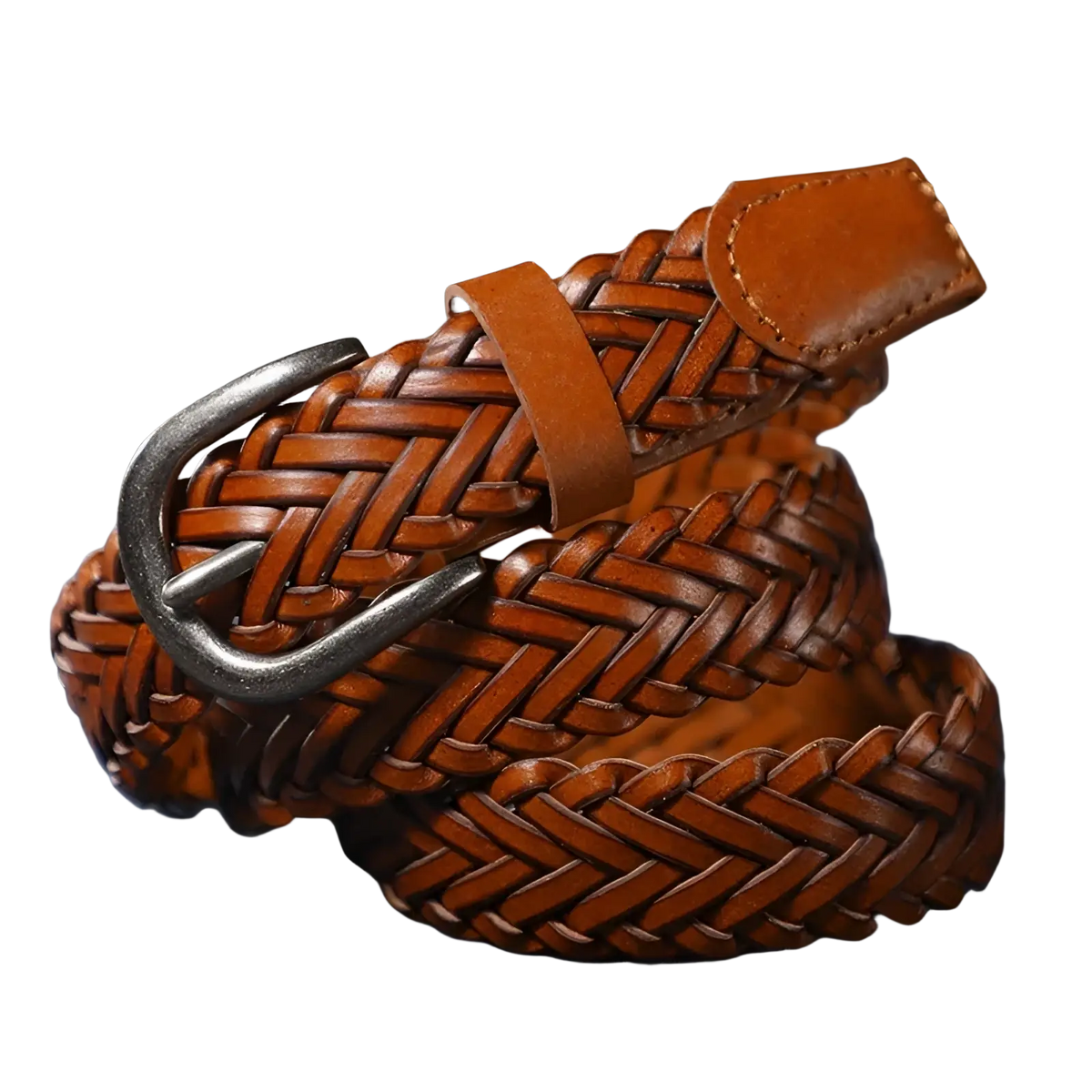 Braided brown leather belt unisex casual woven accessory with silver-toned buckle made of brown leather