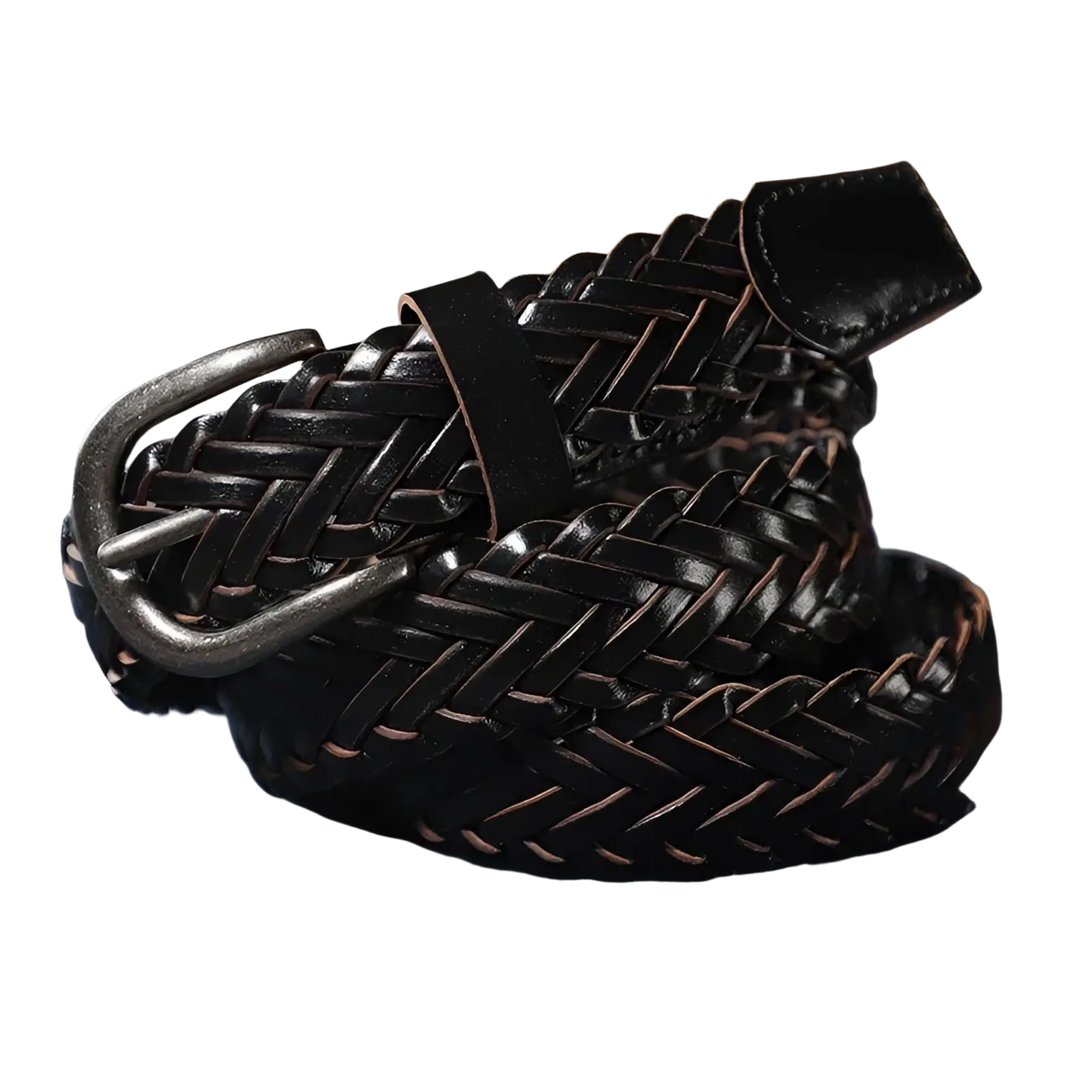 Black braided leather belt with silver-toned buckle unisex casual woven accessory for everyday wear