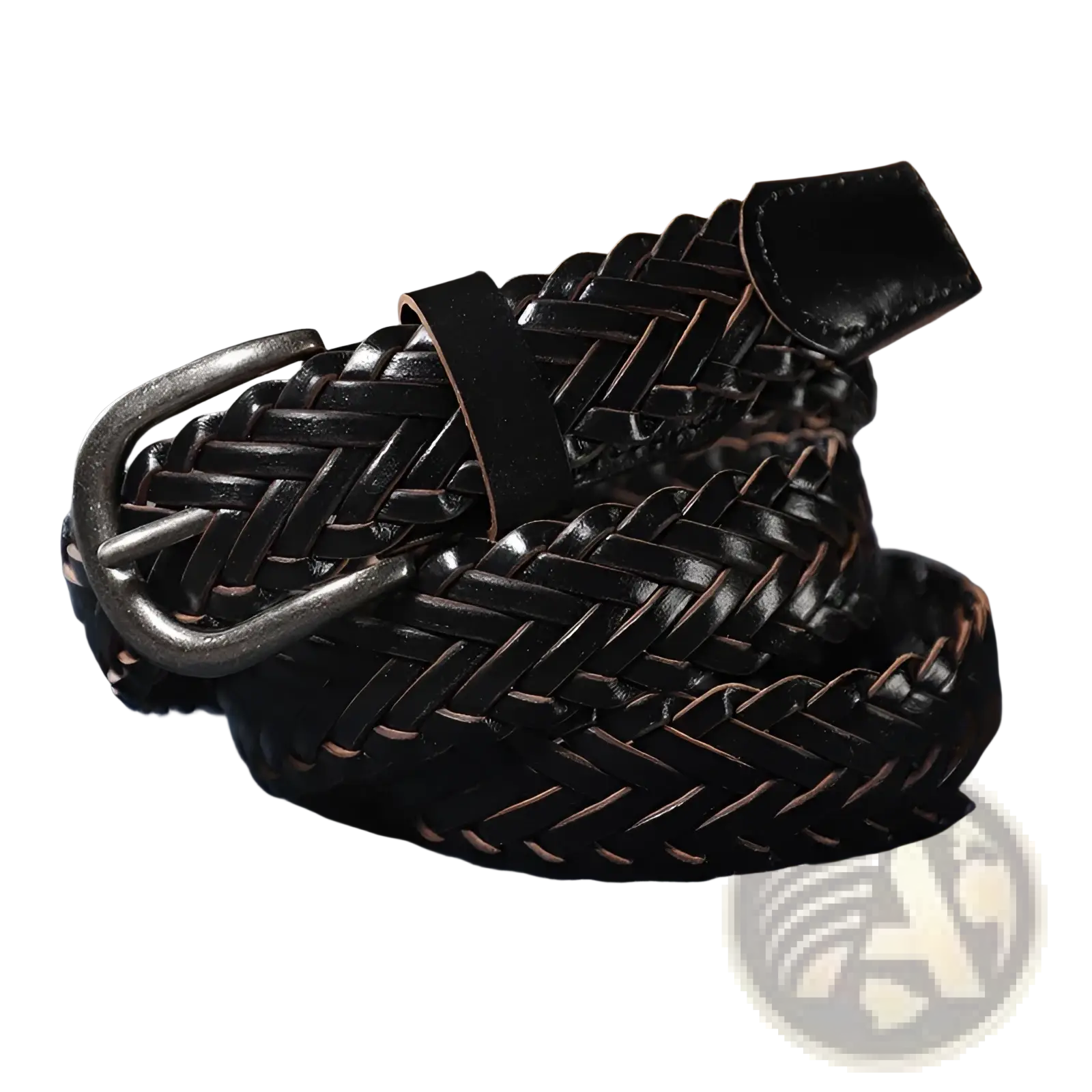 Black braided leather belt with silver-toned buckle unisex casual woven accessory for everyday wear