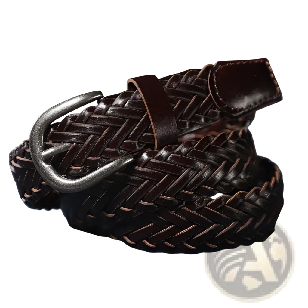 Braided brown leather belt unisex casual woven accessory with dark brown woven leather and silver toned buckle