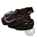 Braided brown leather belt unisex casual woven accessory with dark brown woven leather and silver toned buckle