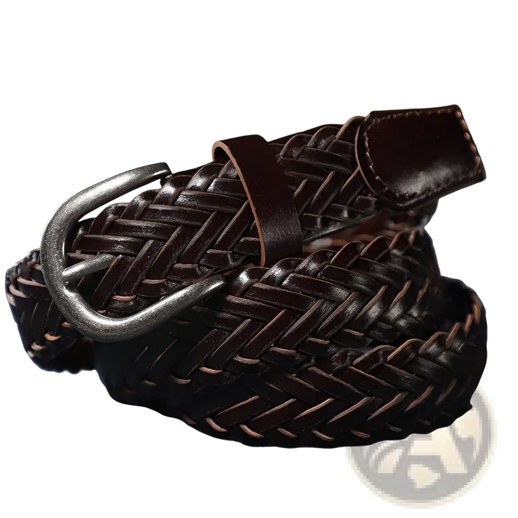 Braided brown leather belt unisex casual woven accessory with dark brown leather and silver-toned buckle