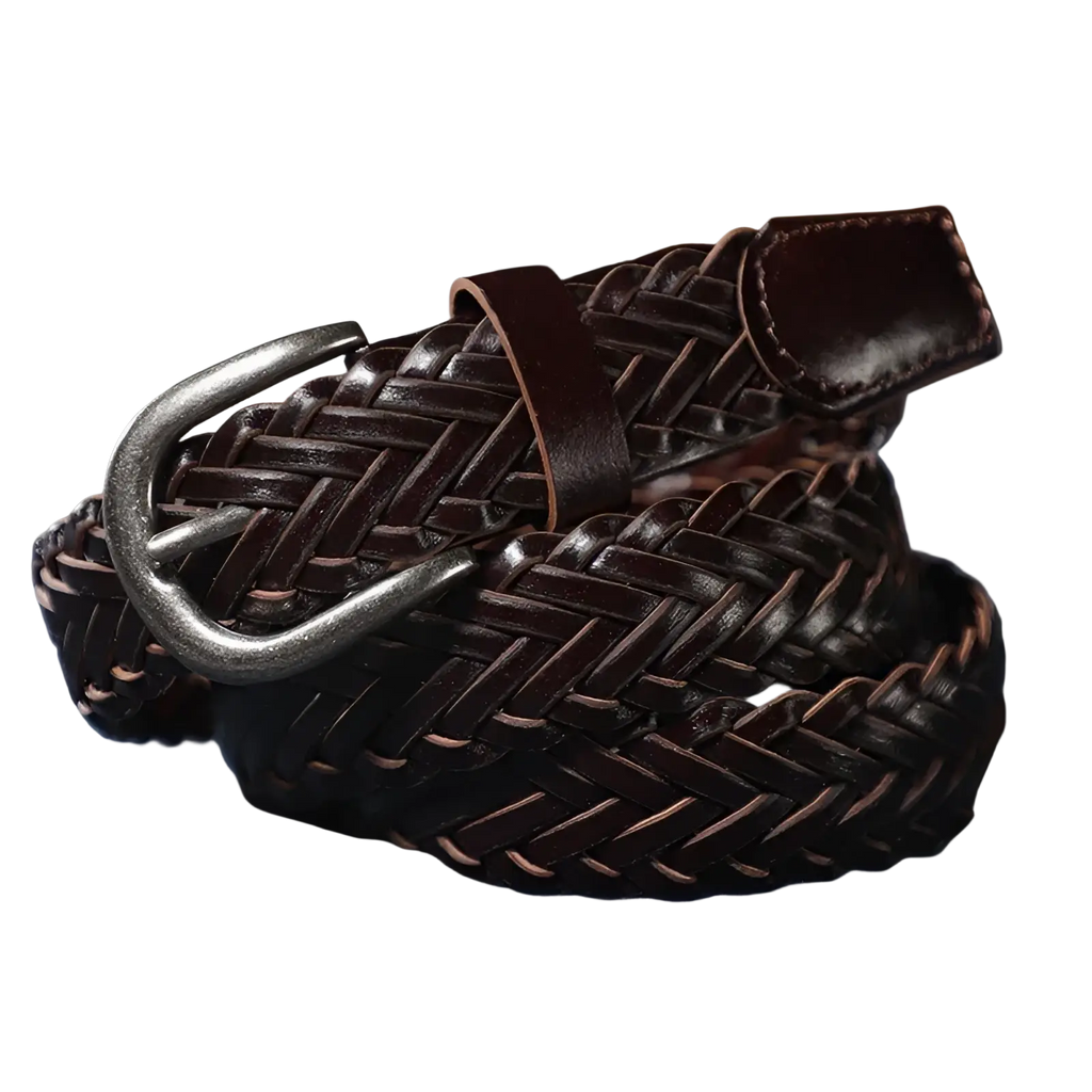 Braided brown leather belt unisex casual woven accessory with dark brown woven leather and silver toned buckle