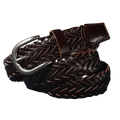 Braided brown leather belt unisex casual woven accessory with dark brown woven leather and silver toned buckle