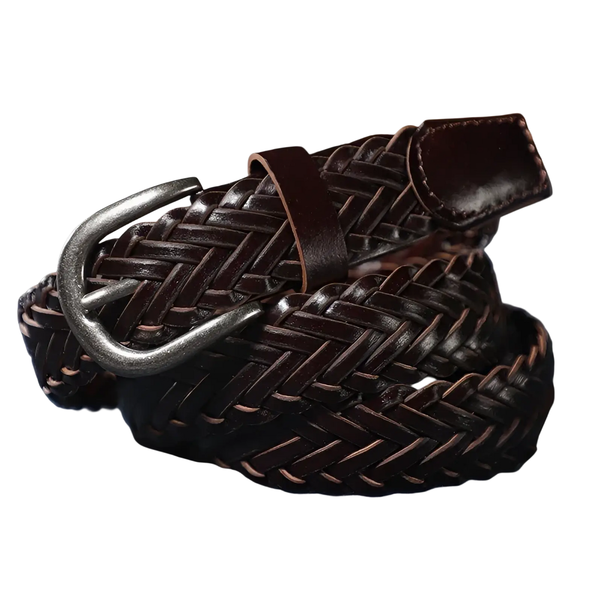 Braided brown leather belt unisex casual woven accessory with dark brown woven leather and silver toned buckle