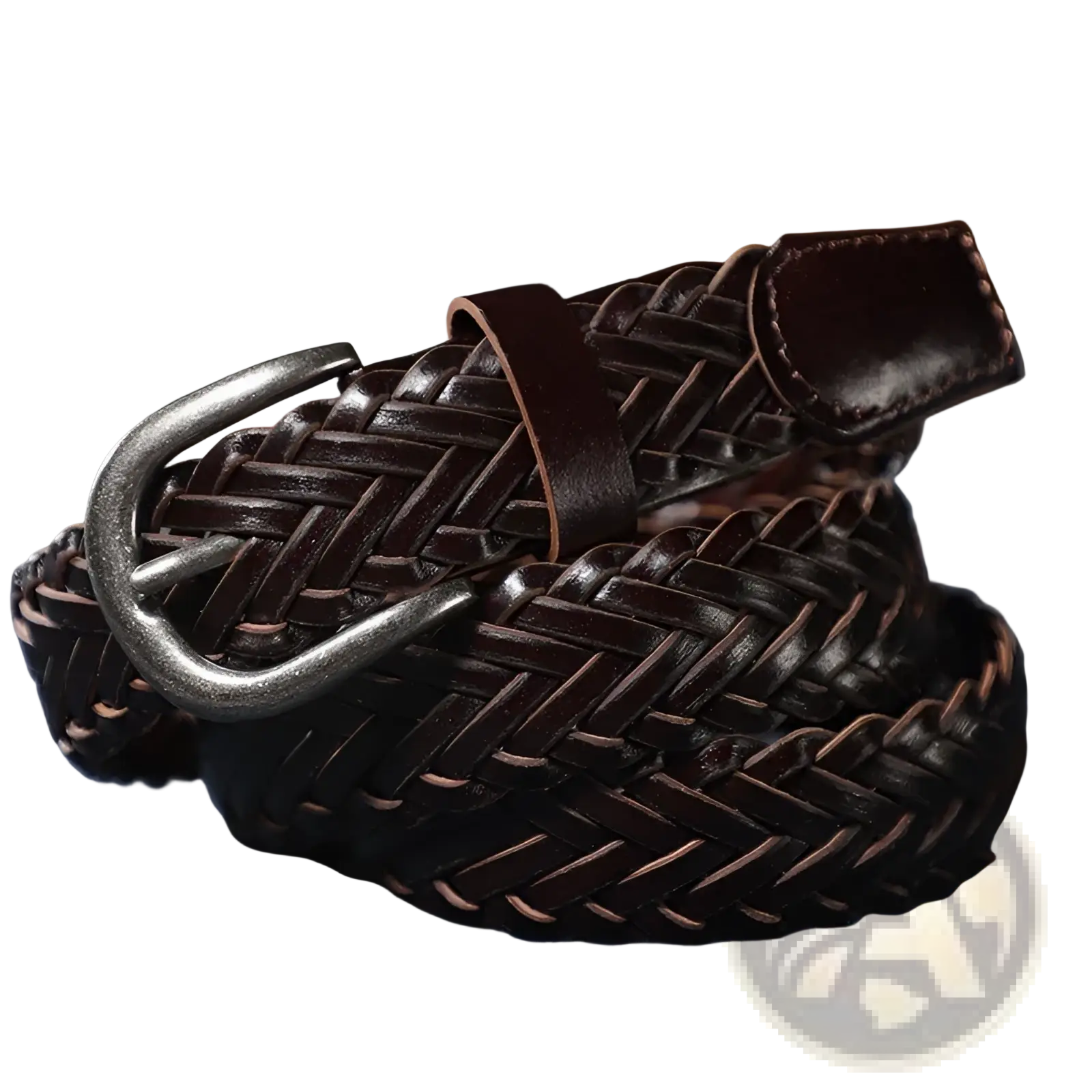 Braided brown woven leather belt unisex casual accessory with a dark brown color and silver-toned buckle