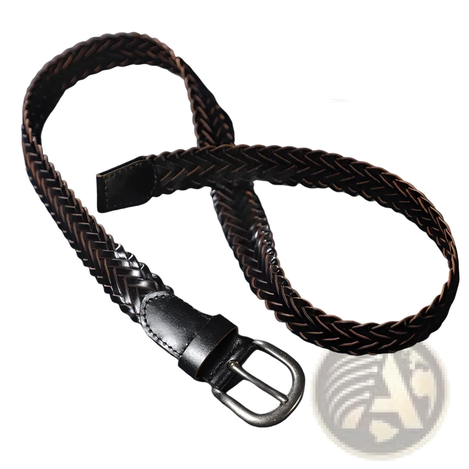 A dark brown braided leather belt with a silver toned buckle for unisex casual woven accessory use