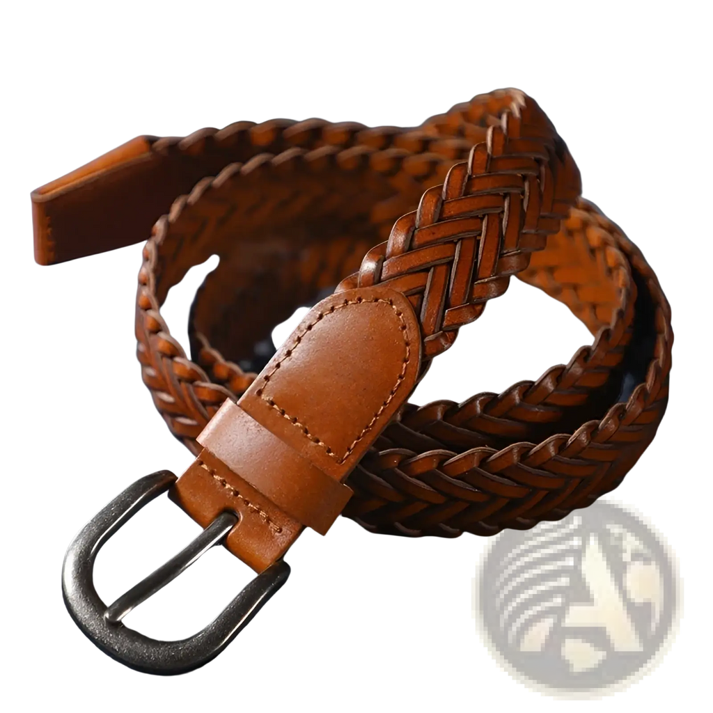 A rich brown braided leather belt with a sturdy metal buckle for unisex casual woven accessory use