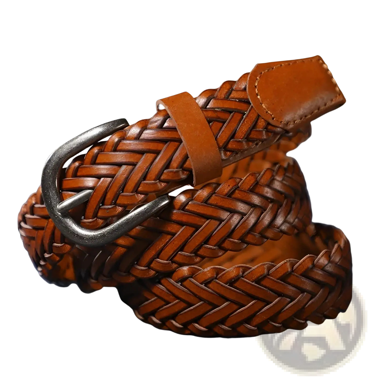 Braided brown leather belt unisex casual woven accessory with a silver-toned buckle