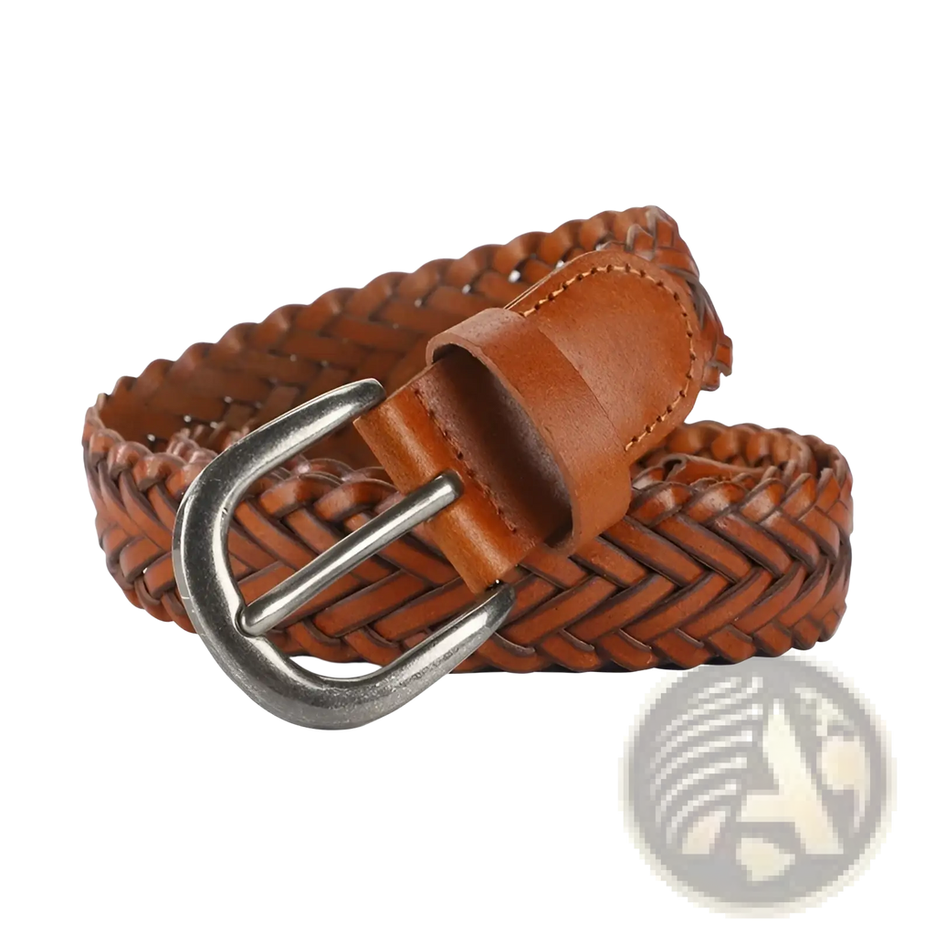 Braided brown leather belt with silver-toned buckle unisex casual woven accessory for everyday use