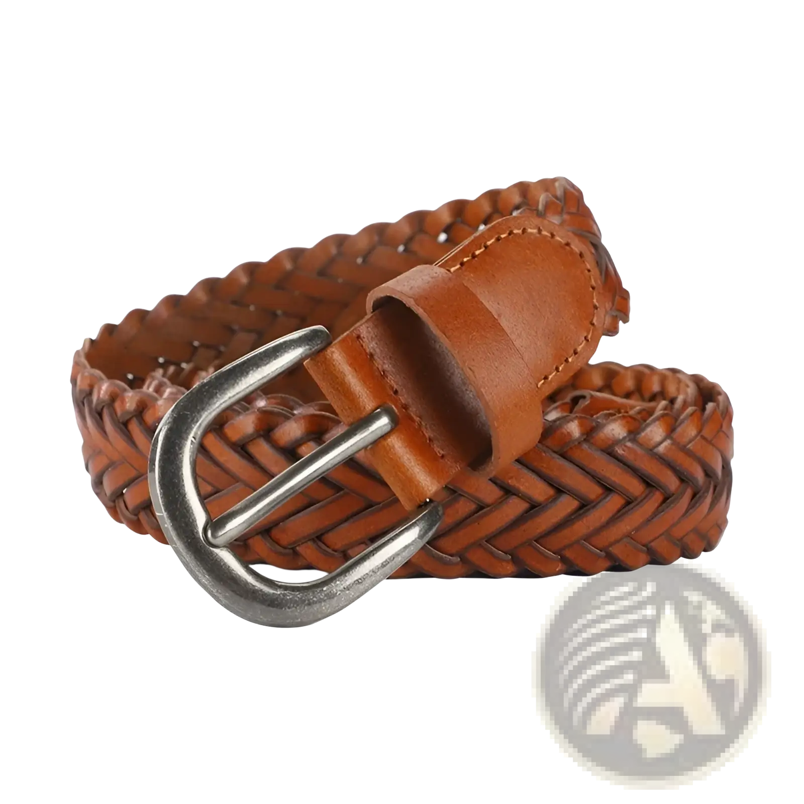 Braided brown woven leather belt with silver toned buckle designed as a casual unisex accessory
