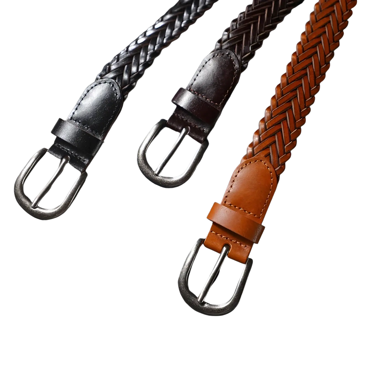 Three braided leather belts in black brown and tan with silver-toned buckles for unisex casual wear
