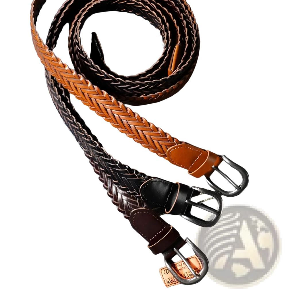 Three braided leather belts in tan black and brown tones with metal buckles on denim fabric for casual unisex wear