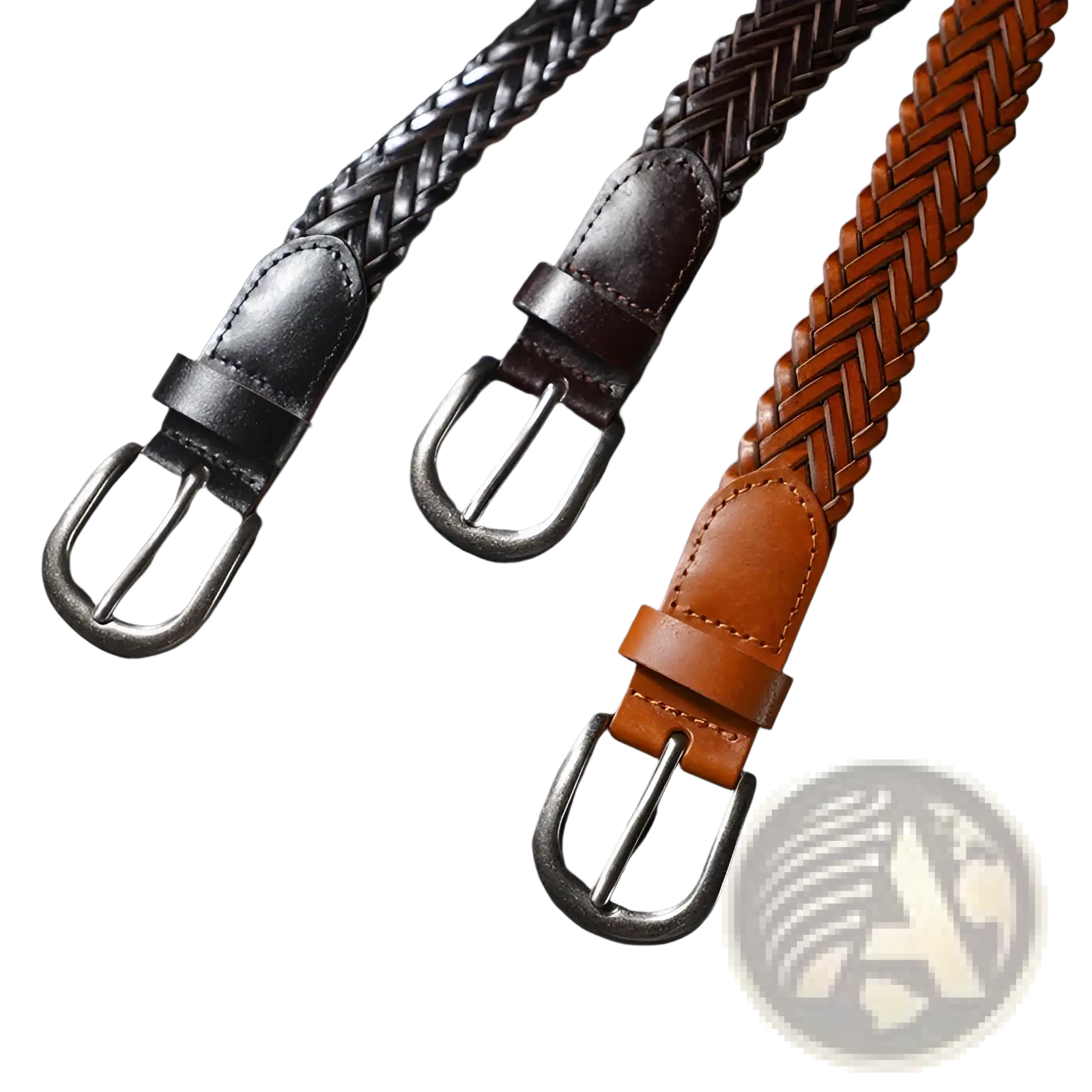 Three braided leather belts in black brown and tan with silver-toned buckles for unisex casual wear