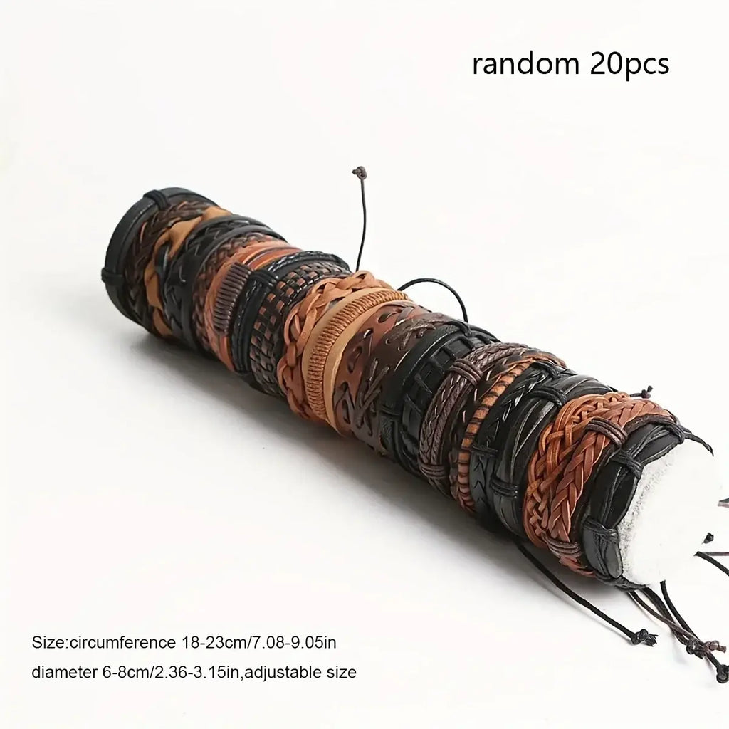 A set of braided leather bracelets in rich brown black and tan tones featuring intricate braiding and embossed designs