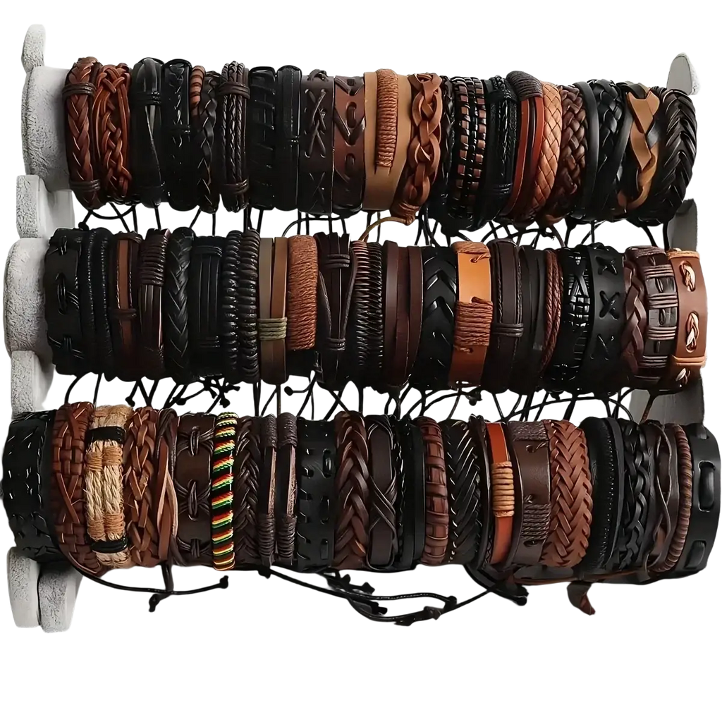 A set of braided leather bracelets featuring ethnic wooden bead wristbands in earthy browns and deep blacks