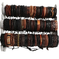 A set of braided leather bracelets featuring ethnic wooden bead wristbands in earthy browns and deep blacks