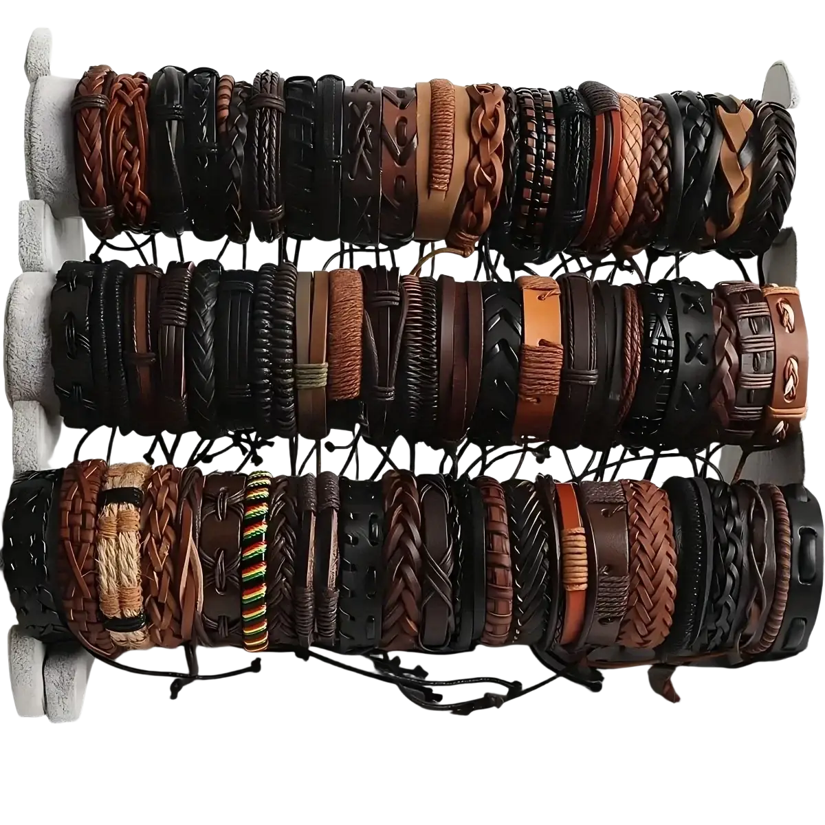 A set of braided leather bracelets featuring ethnic wooden bead wristbands in earthy browns and deep blacks