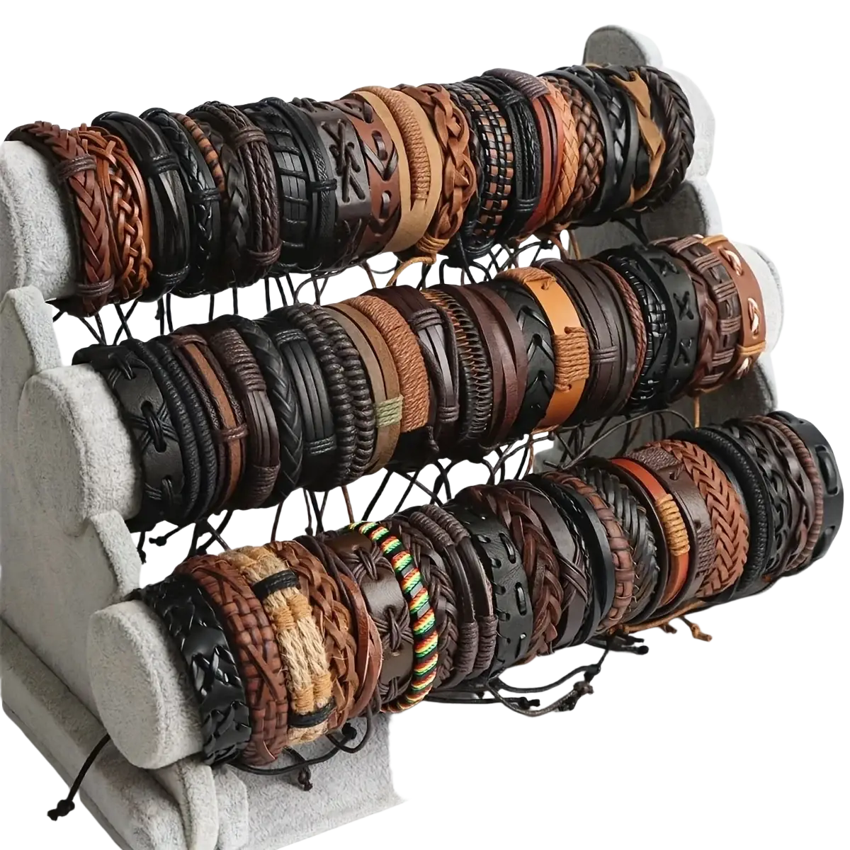 A set of braided leather bracelets in earthy tones featuring intricate patterns and colorful accent strands