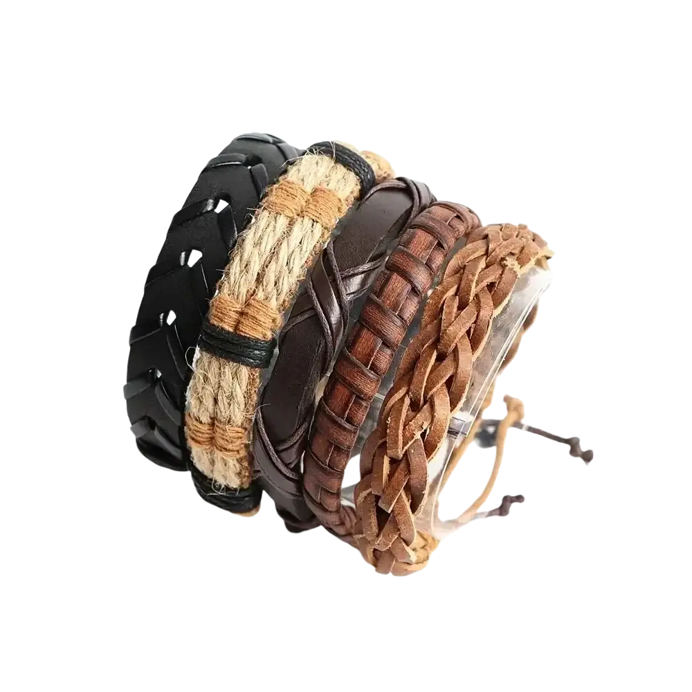 Set of five braided leather bracelets in black tan and brown tones with ethnic wooden bead wristbands