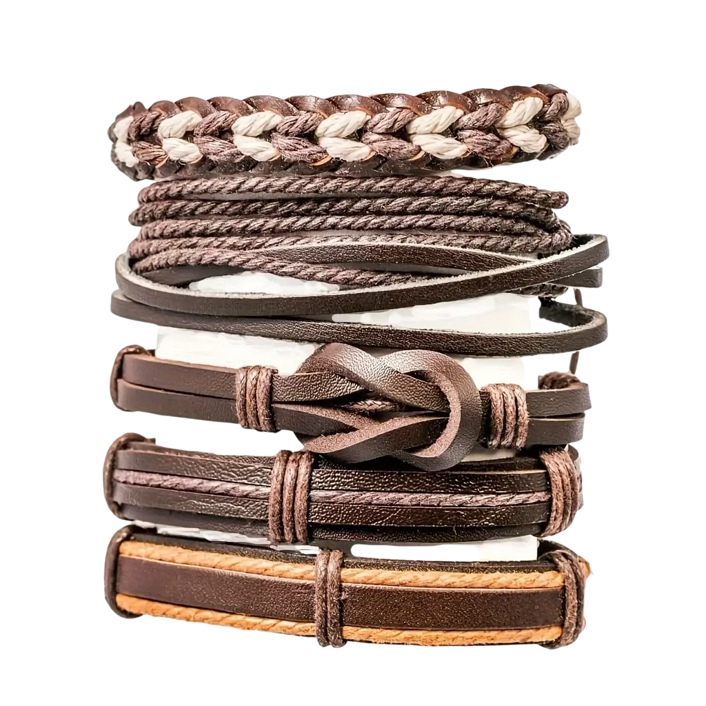 Stack of brown braided leather bracelets with ethnic wooden beads and varied designs featuring a knot closure
