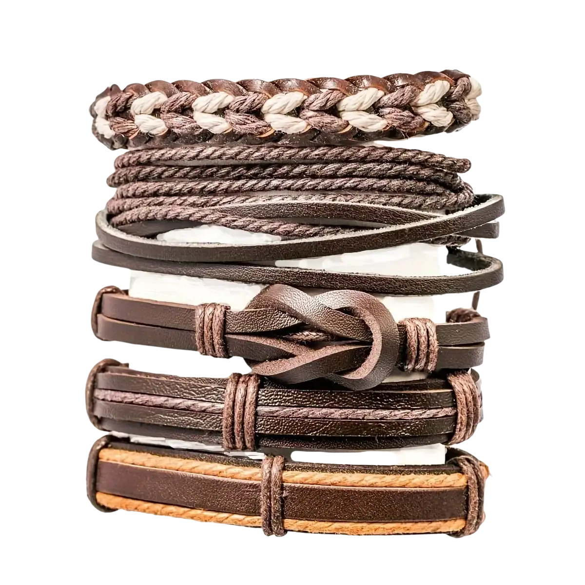 Stack of brown braided leather bracelets with ethnic wooden beads and varied designs featuring a knot closure