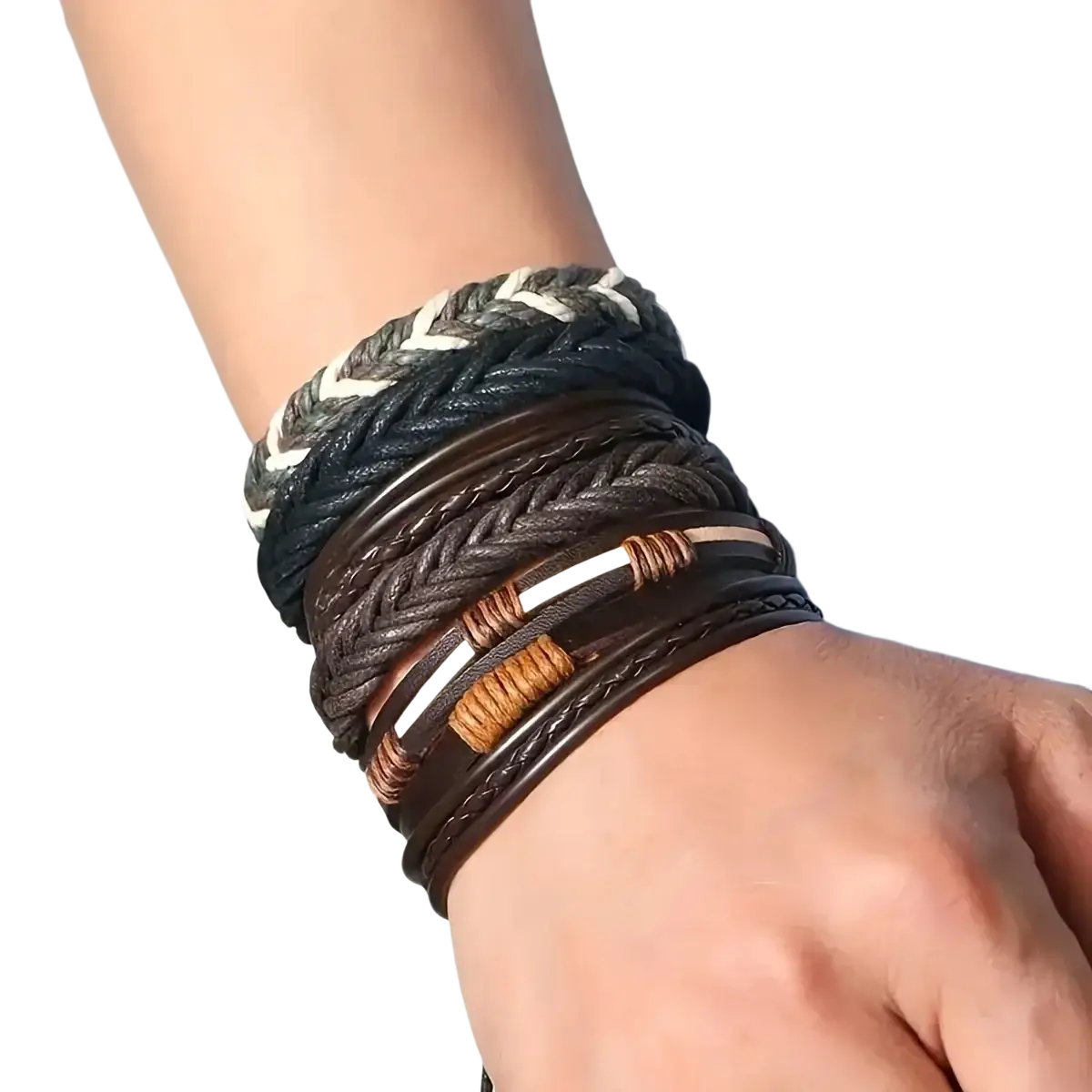 Stacked braided leather bracelets set in earthy tones featuring leather braided and ethnic wooden bead wristbands