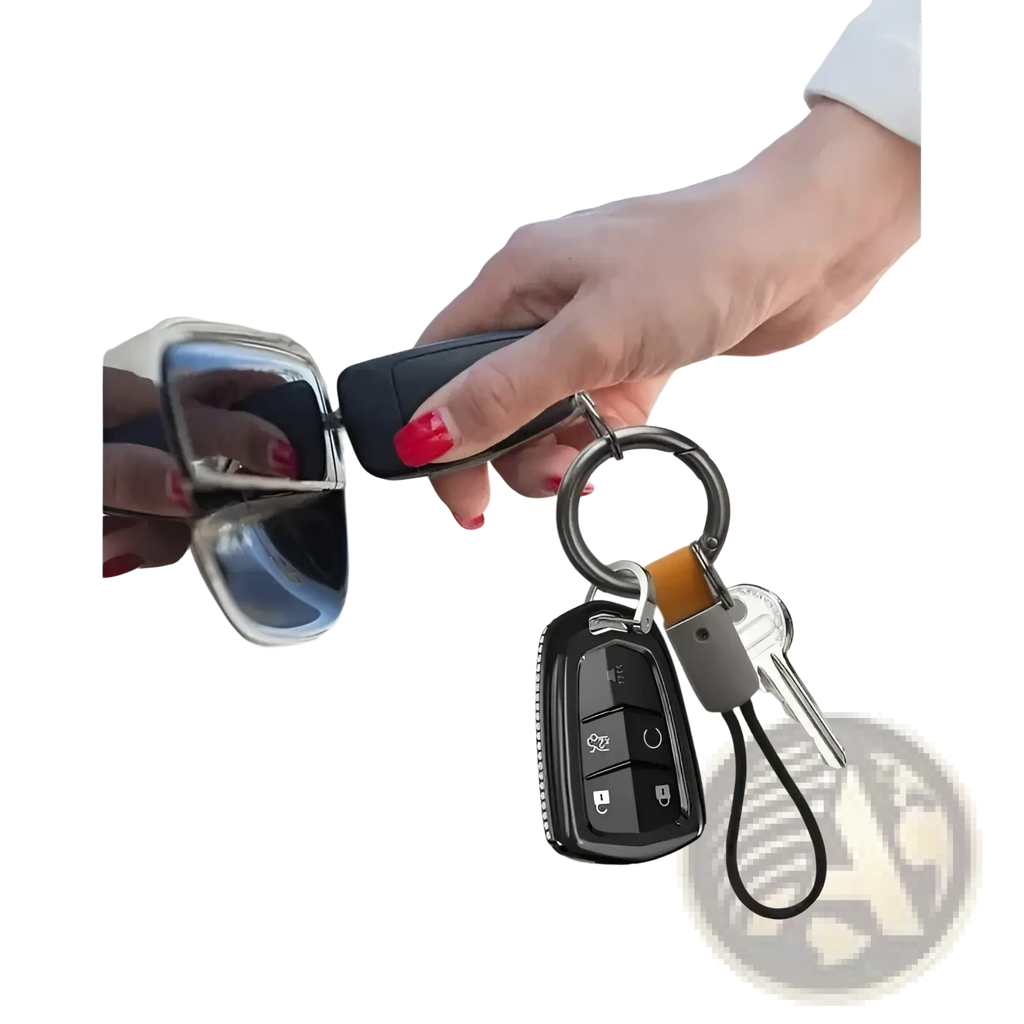 Black key fob with silver buttons and textured surface attached to braided leather car keychain universal holder