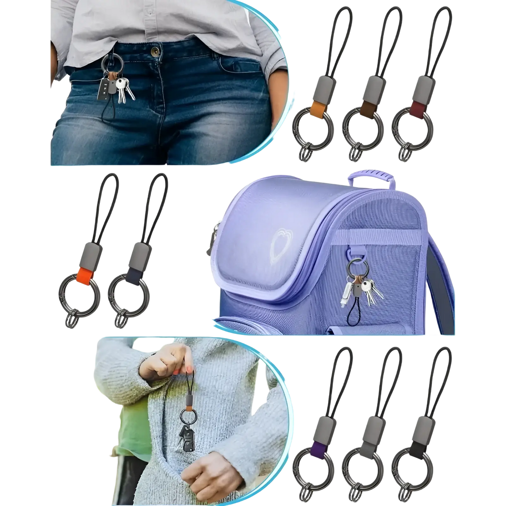 Black key ring with gray plastic connector and colorful fabric loop for braided leather car keychain universal key holder