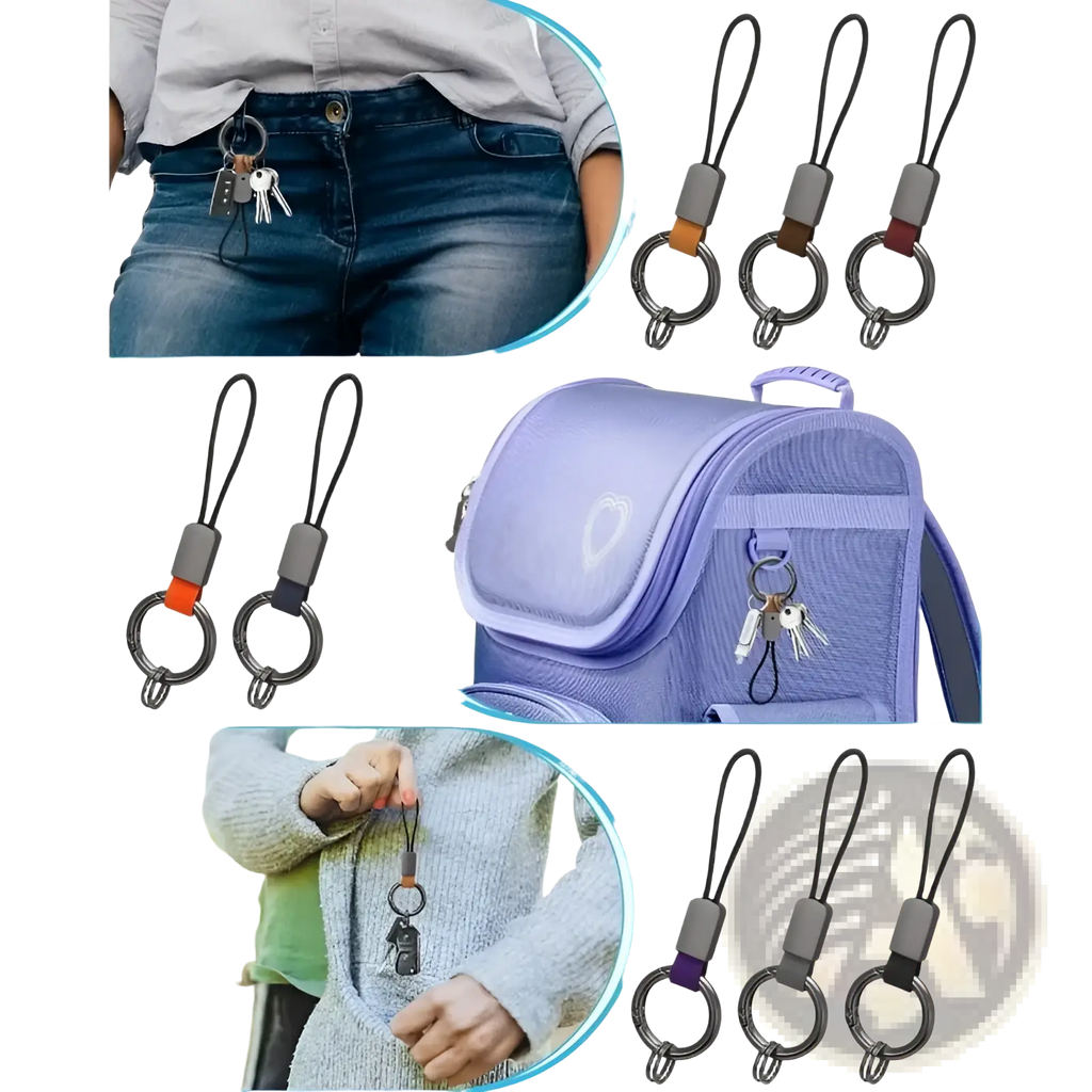 Black key ring with gray plastic connector and colorful fabric loop for braided leather car keychain universal key holder