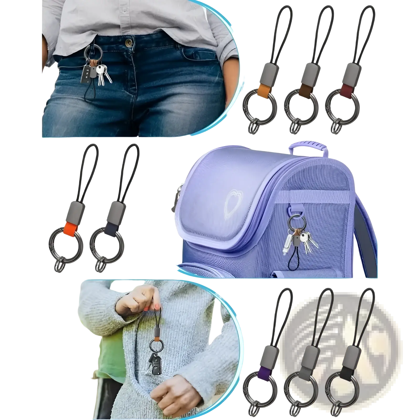 Black key ring with gray plastic connector and colorful fabric loop for braided leather car keychain universal key holder